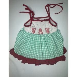 Honey Bean Girls Lobster Smocked Dress Mint Gingham Red Ruffle Size 3